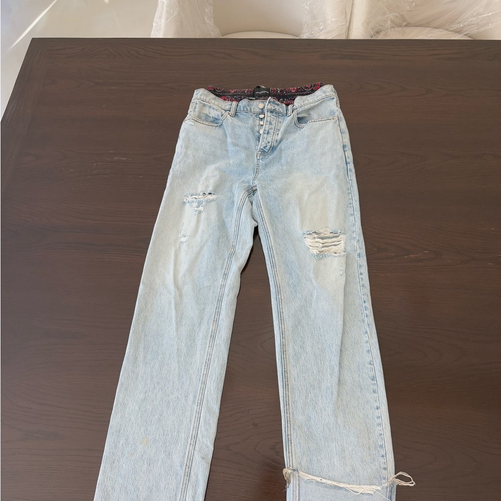 Alexander Wang Light Blue Distressed Ripped Boxer Straight Leg Jeans